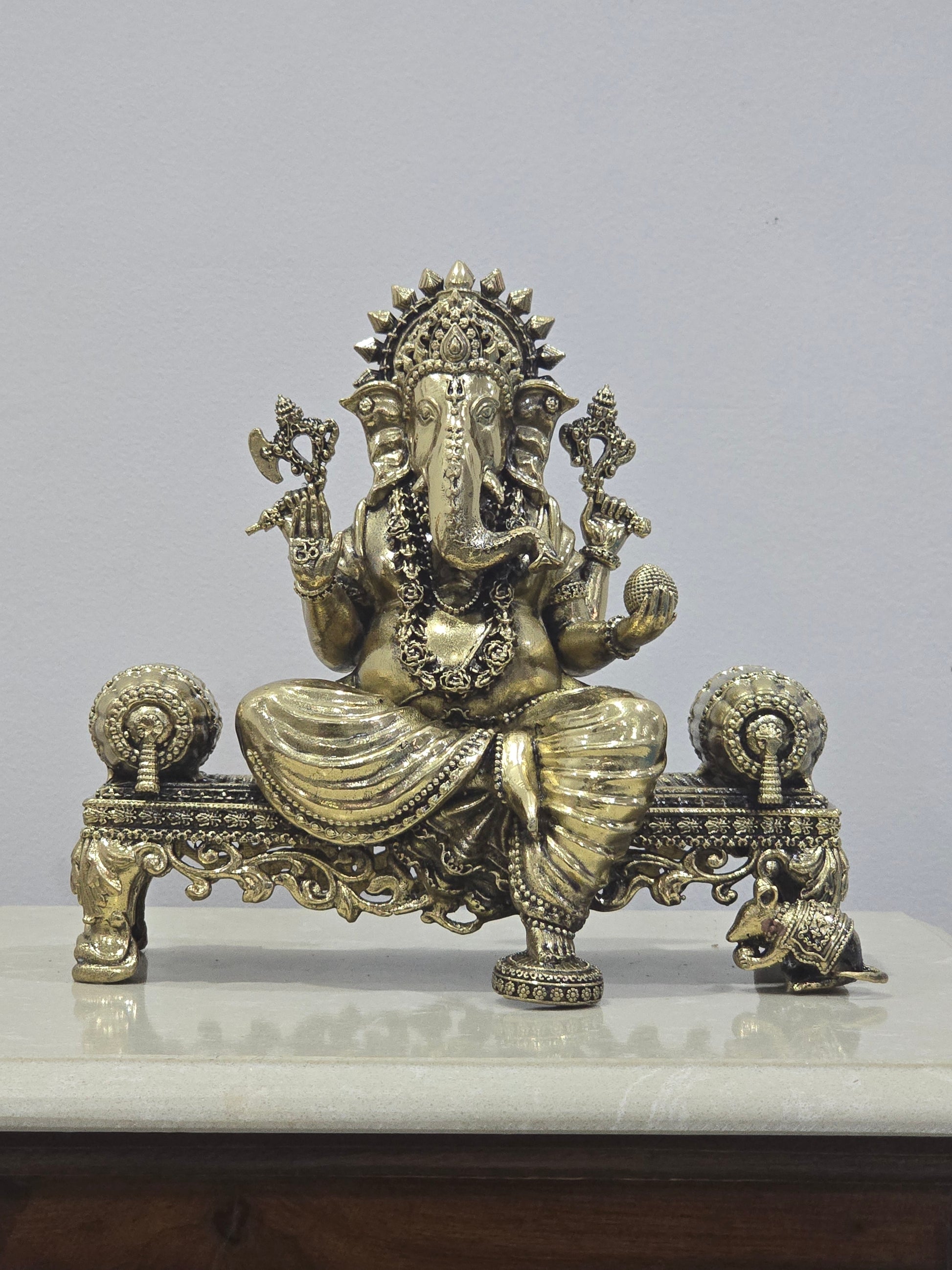 Metal Arts Brass Design Ganesh with Chowki - Antique Look Ganesh Statue