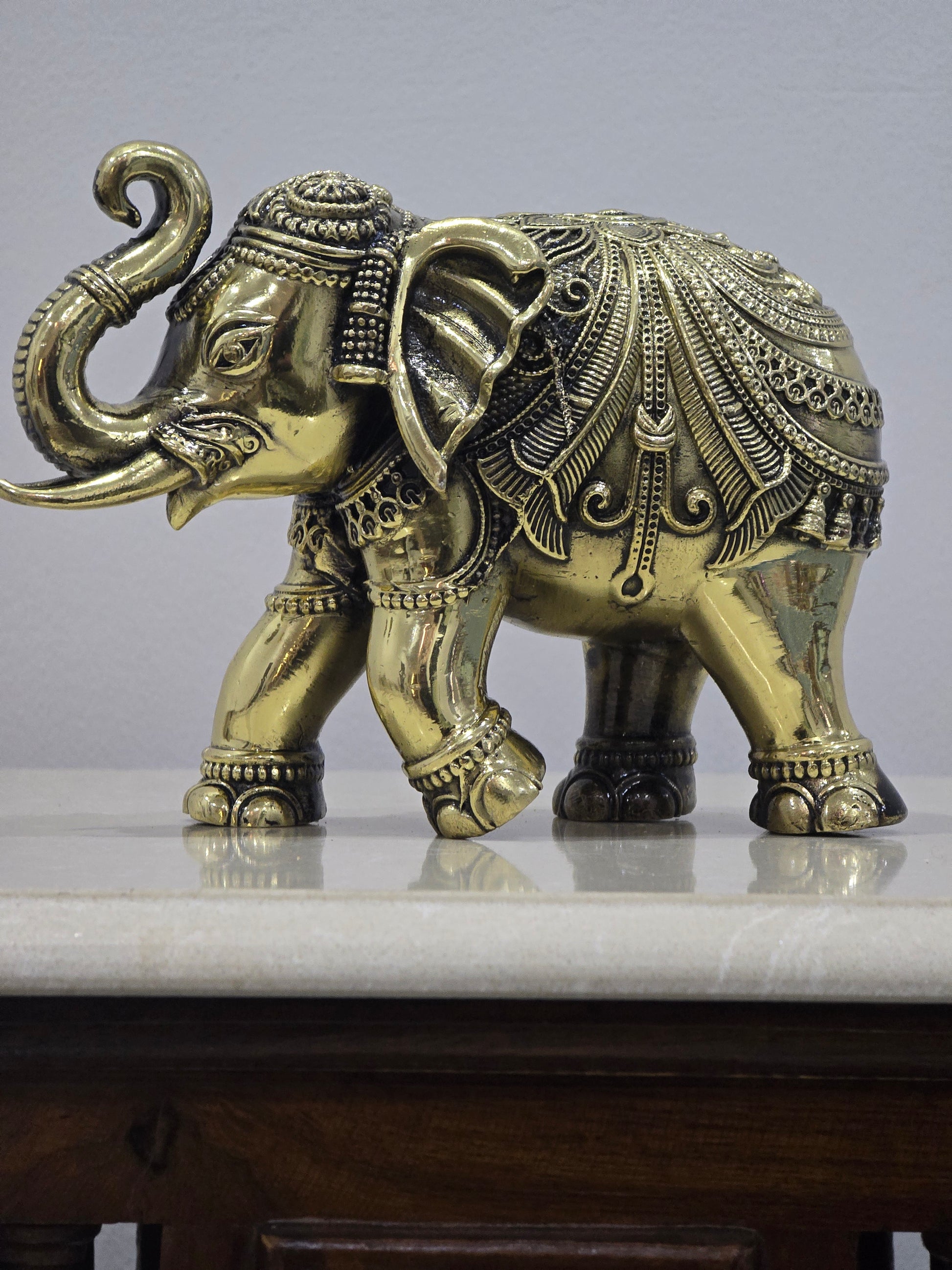 Big Fully Decorated Elephant with Bell and Upraised Trunk