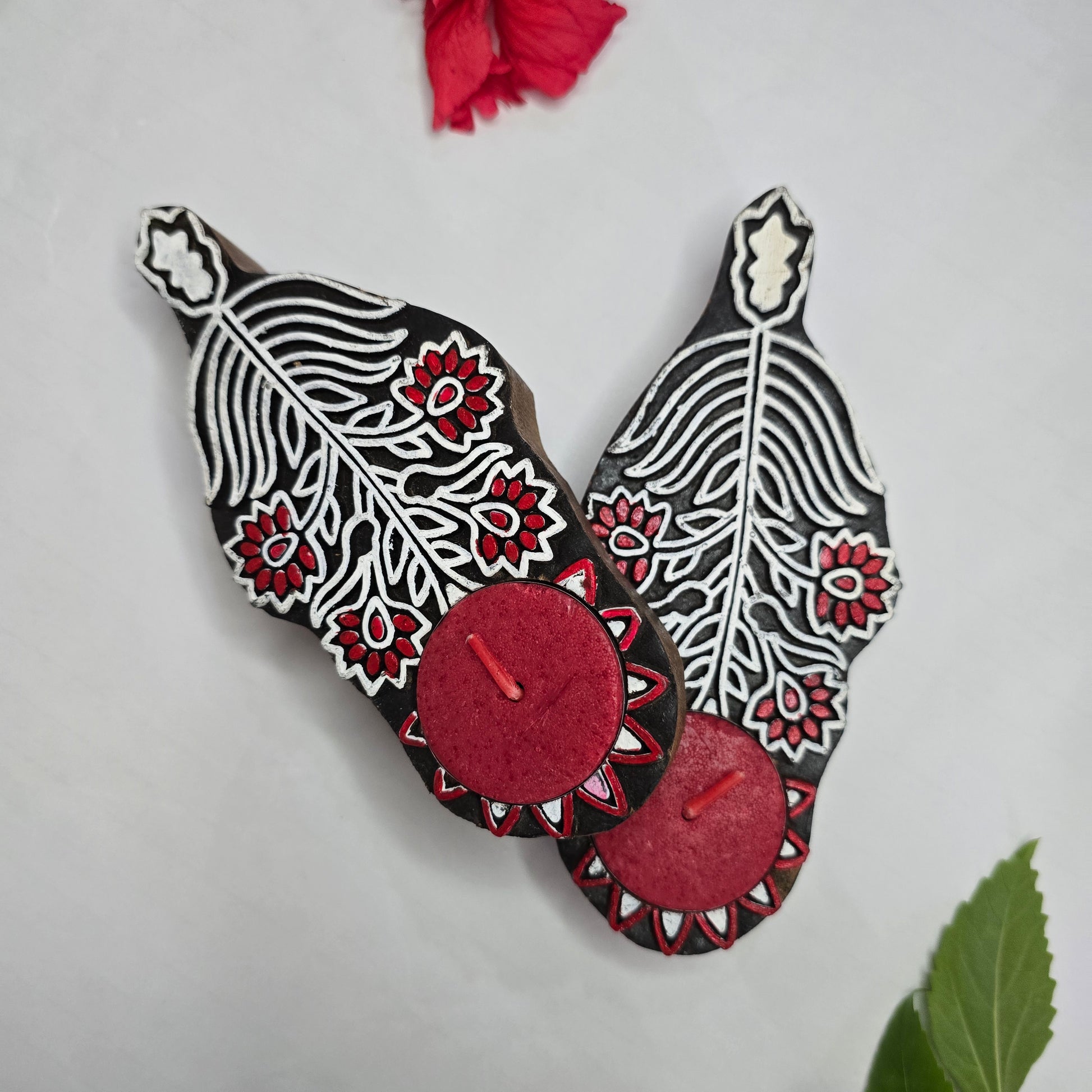 Hand-Carved Floral Wooden T-Light Holder