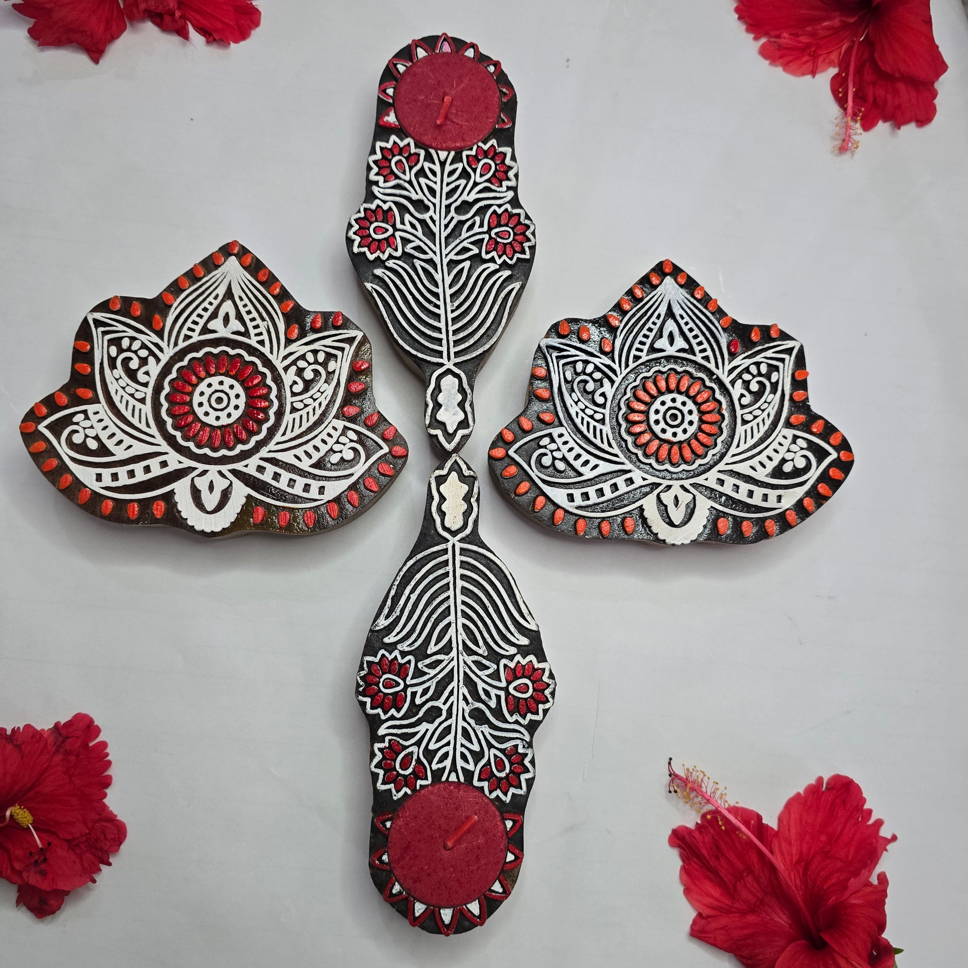 Hand-Carved Floral Wooden T-Light Holder