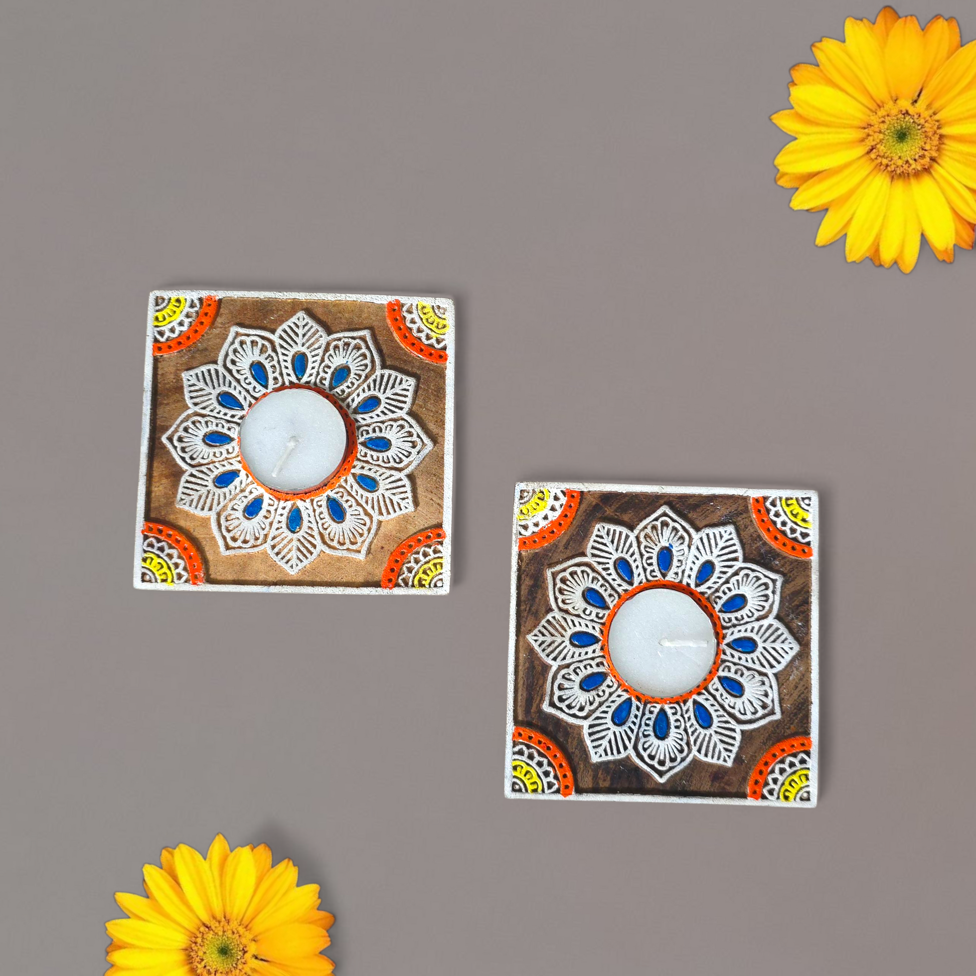 “Handcarved Mandala wooden tealight holder with diya”

“Artisan-made floating diya with Mandala design”

“Mandala tealight holder for Diwali décor and gifting”