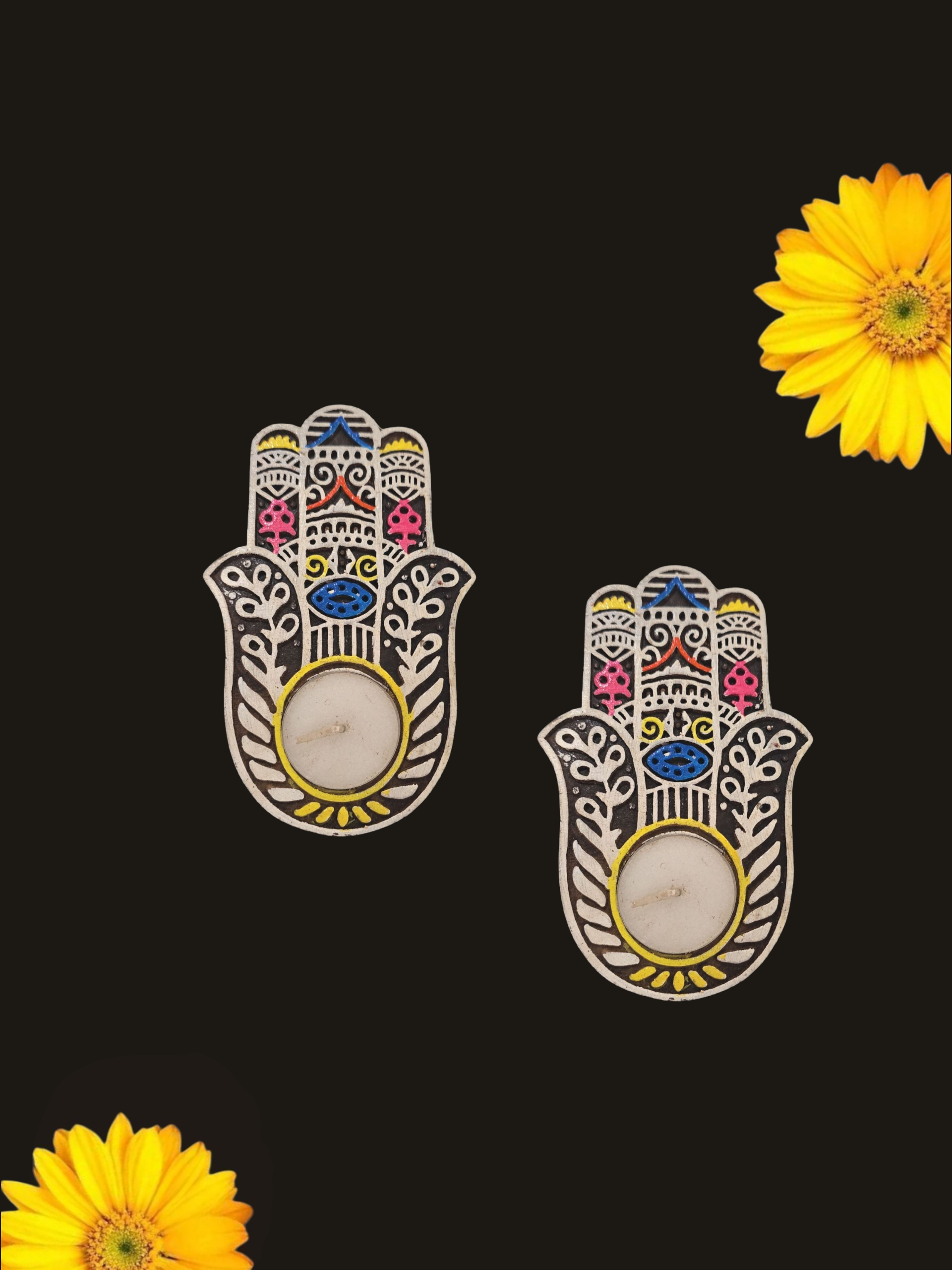 “Handcarved Hamsa wooden tealight holder with diya”

“Artisan-made floating diya in Hamsa design”

“Sacred Hamsa hand tealight candle holder for Diwali décor”