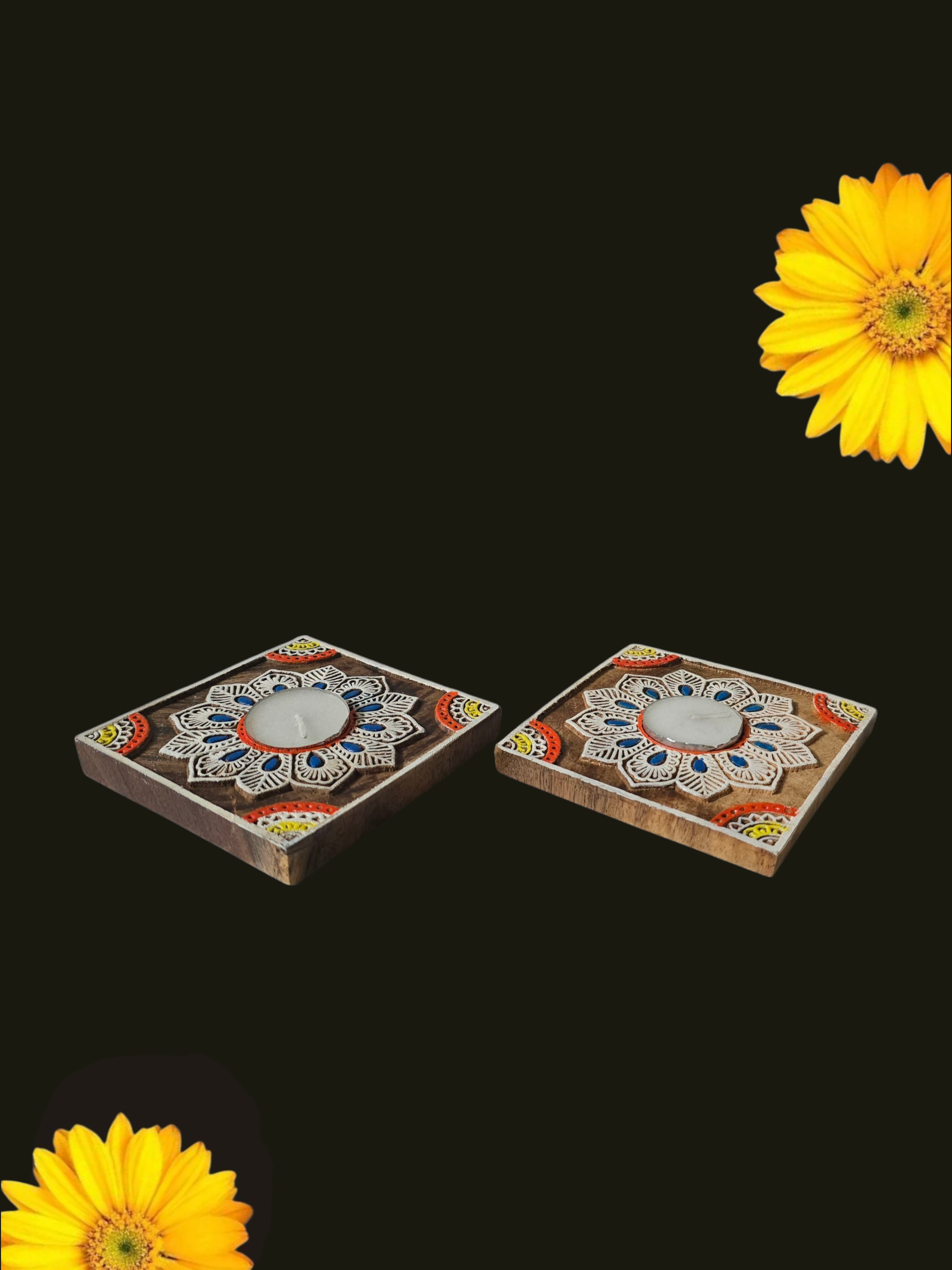 “Handcarved Mandala wooden tealight holder with diya”

“Artisan-made floating diya with Mandala design”

“Mandala tealight holder for Diwali décor and gifting”